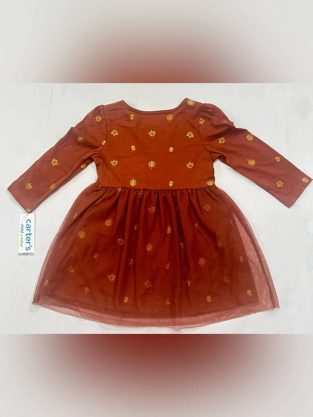 Carter's Girls Long Sleeve Brown Fall Dress with Gold Leaf Print Size 18 Months